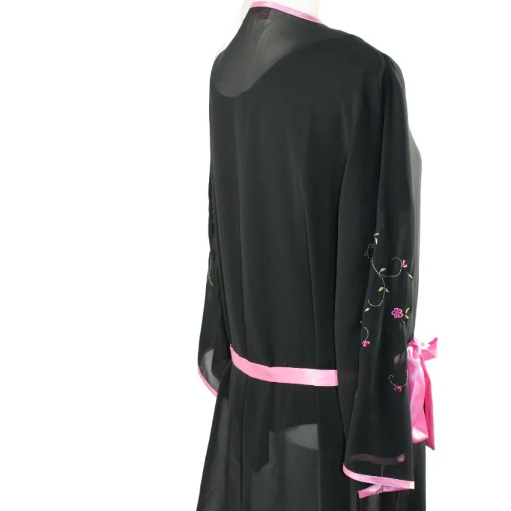 Oscar de la Renta Pink Label Black Sheer Pink Floral Accent Kimono Robe